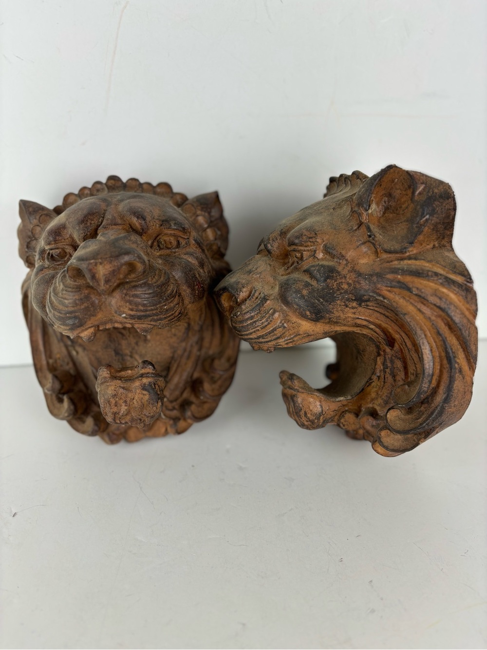 Roaring Lion Head Wall-Mount Sculptures /Carved Wood-Look/ RegencyMCM-Pair(2)